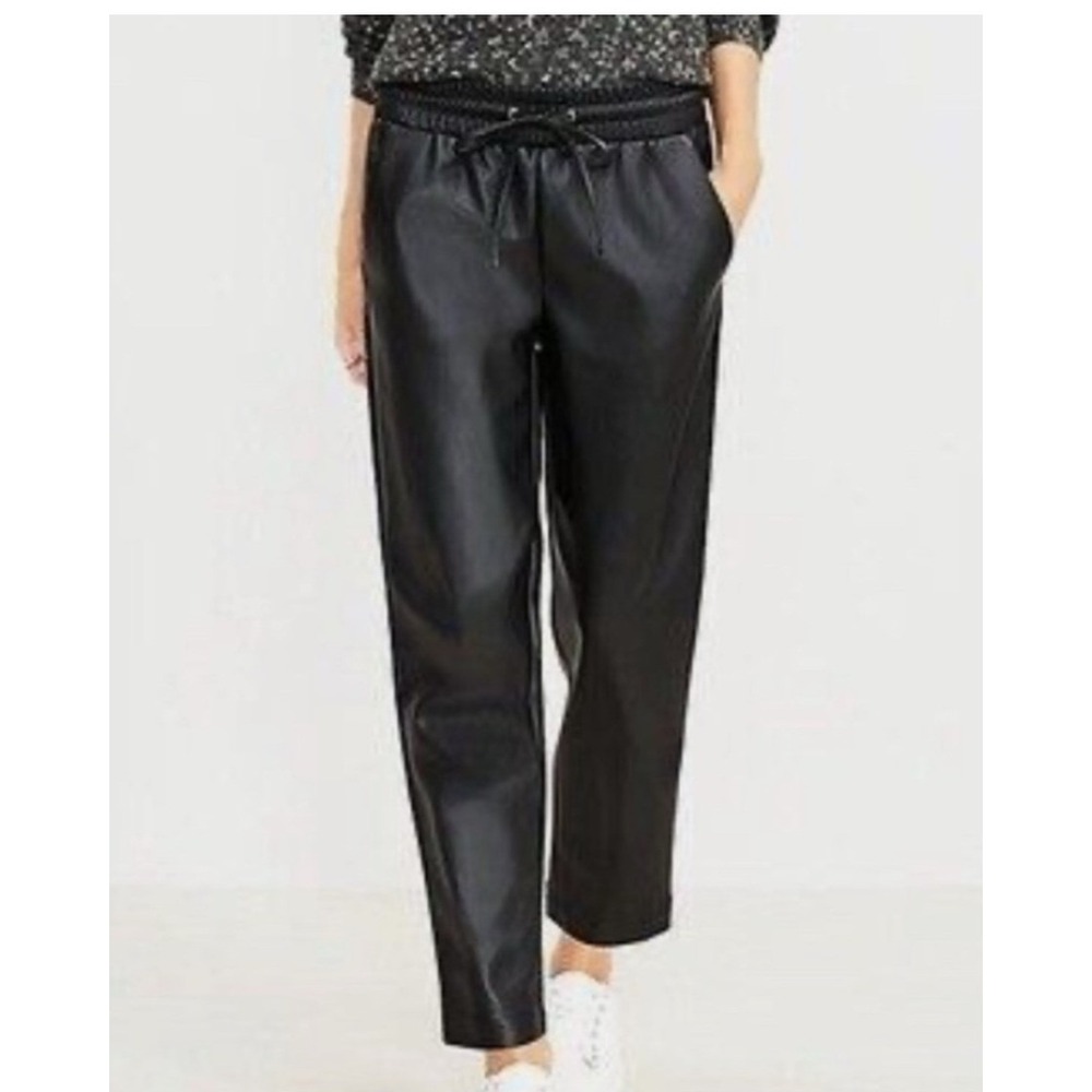 LOFT Women Black Faux Leather Pull On Pants Drawstring Straight Leg Size XLT